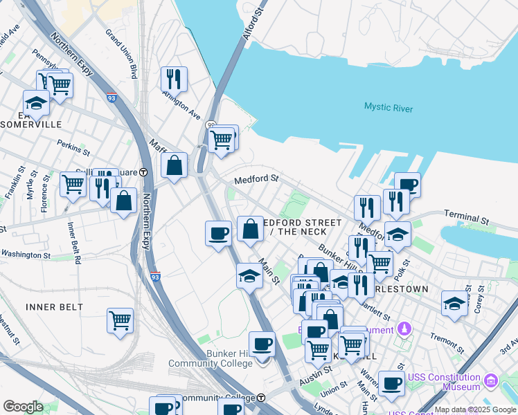 map of restaurants, bars, coffee shops, grocery stores, and more near 73 Baldwin Street in Boston