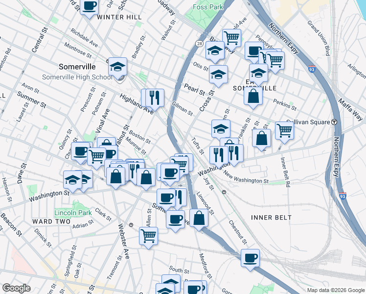 map of restaurants, bars, coffee shops, grocery stores, and more near 60 Tufts Street in Somerville