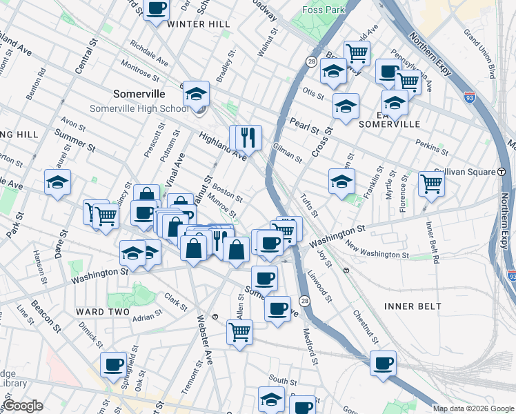 map of restaurants, bars, coffee shops, grocery stores, and more near 53 Boston Street in Somerville