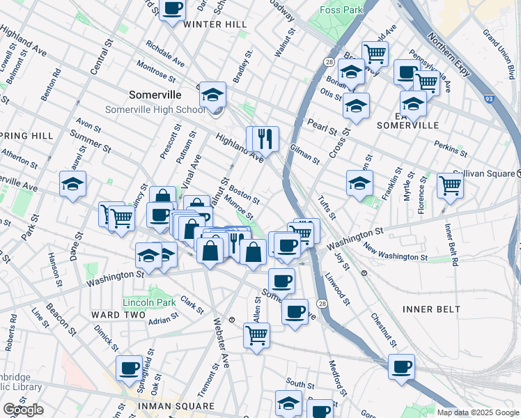 map of restaurants, bars, coffee shops, grocery stores, and more near 53 Boston Street in Somerville