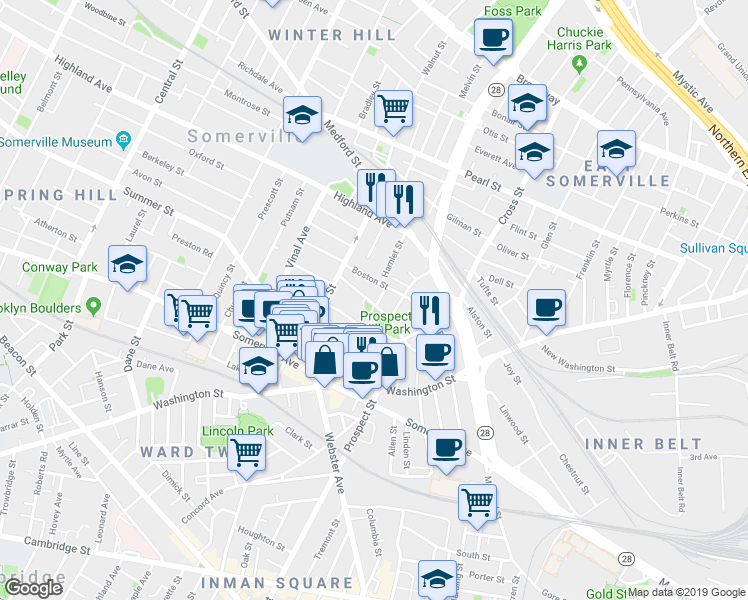 map of restaurants, bars, coffee shops, grocery stores, and more near 75 Munroe Street in Somerville