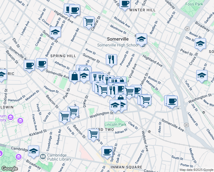 map of restaurants, bars, coffee shops, grocery stores, and more near in Somerville