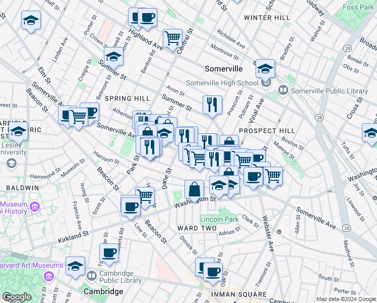 map of restaurants, bars, coffee shops, grocery stores, and more near 460 Somerville Avenue in Somerville