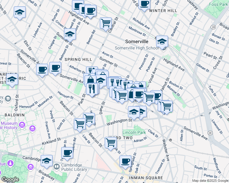 map of restaurants, bars, coffee shops, grocery stores, and more near 460 Somerville Avenue in Somerville