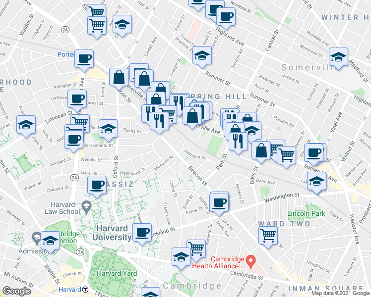 map of restaurants, bars, coffee shops, grocery stores, and more near 51 Harrison Street in Somerville