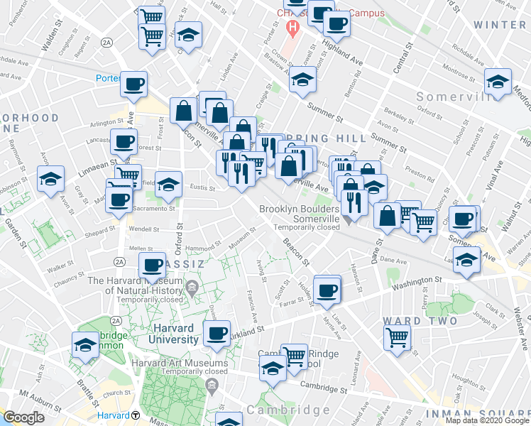 map of restaurants, bars, coffee shops, grocery stores, and more near in Somerville