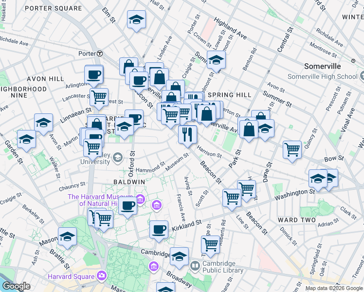 map of restaurants, bars, coffee shops, grocery stores, and more near 264 Beacon Street in Somerville