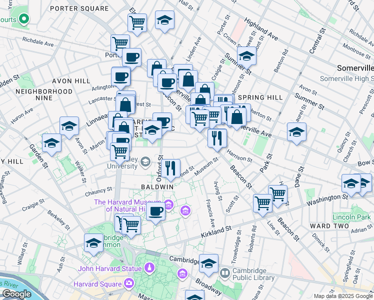map of restaurants, bars, coffee shops, grocery stores, and more near 66 Sacramento Street in Cambridge