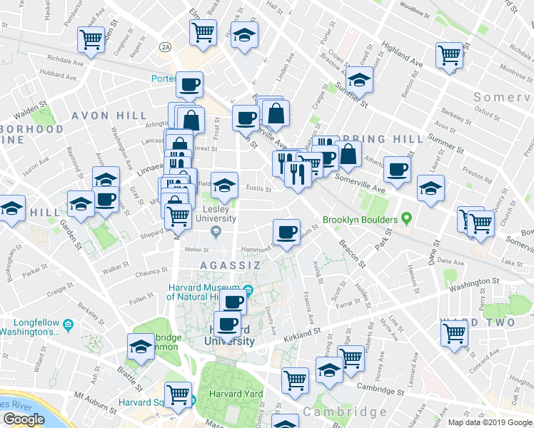 map of restaurants, bars, coffee shops, grocery stores, and more near 48 Sacramento Street in Cambridge