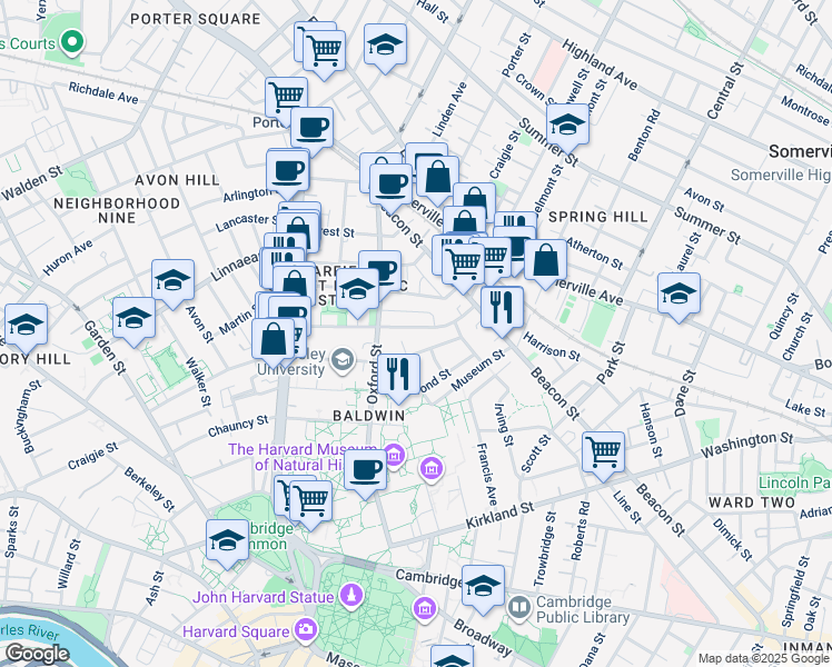 map of restaurants, bars, coffee shops, grocery stores, and more near 48 Sacramento Street in Cambridge