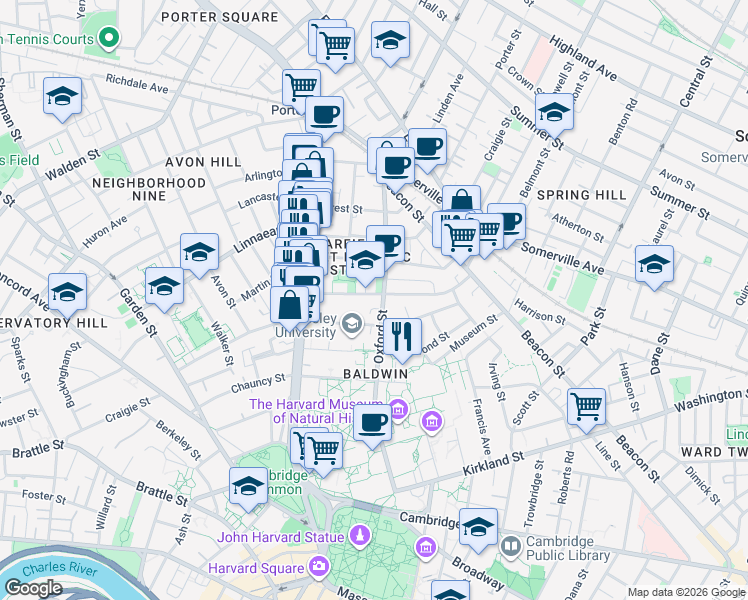 map of restaurants, bars, coffee shops, grocery stores, and more near 36 Sacramento Street in Cambridge