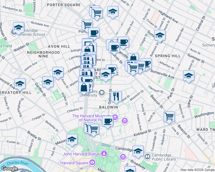 map of restaurants, bars, coffee shops, grocery stores, and more near 36 Sacramento Street in Cambridge