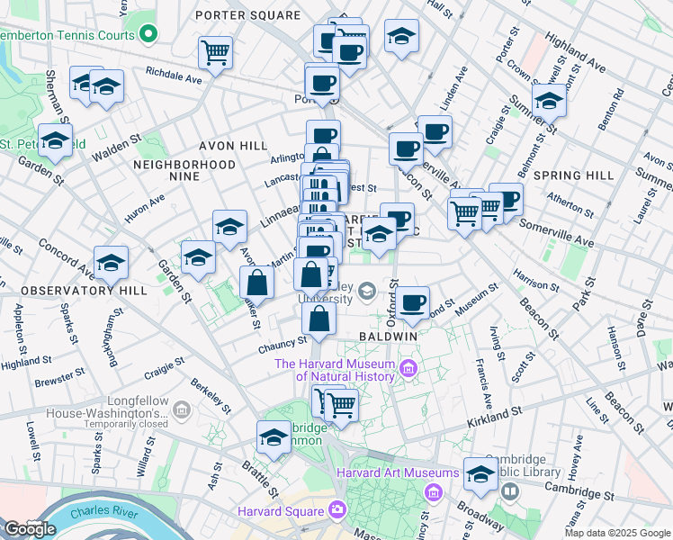 map of restaurants, bars, coffee shops, grocery stores, and more near 1679 Massachusetts Avenue in Cambridge