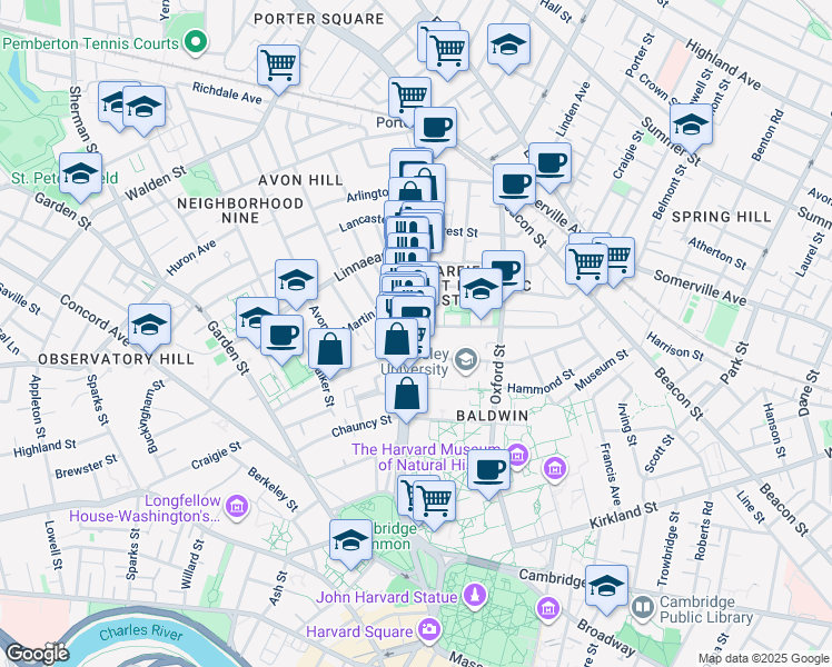 map of restaurants, bars, coffee shops, grocery stores, and more near 1679 Massachusetts Avenue in Cambridge