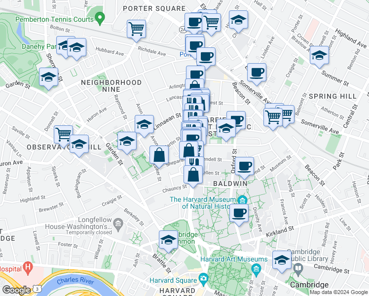 map of restaurants, bars, coffee shops, grocery stores, and more near 8 Wright Street in Cambridge