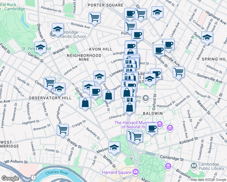 map of restaurants, bars, coffee shops, grocery stores, and more near in Cambridge