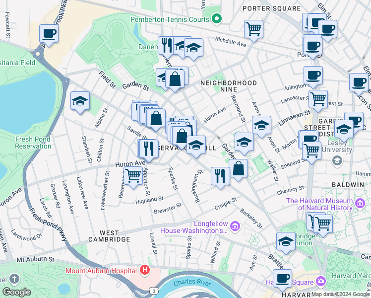 map of restaurants, bars, coffee shops, grocery stores, and more near 138-140 Huron Avenue in Cambridge