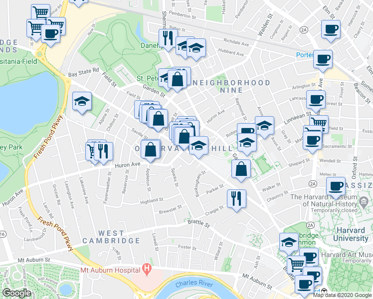 map of restaurants, bars, coffee shops, grocery stores, and more near in Cambridge