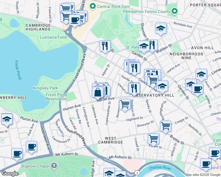 map of restaurants, bars, coffee shops, grocery stores, and more near 101 Fayerweather Street in Cambridge