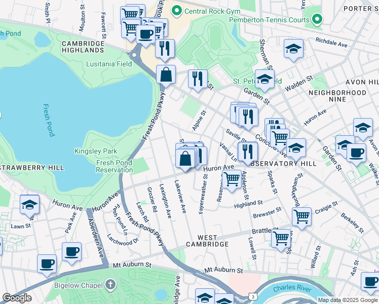map of restaurants, bars, coffee shops, grocery stores, and more near 45 Standish Street in Cambridge