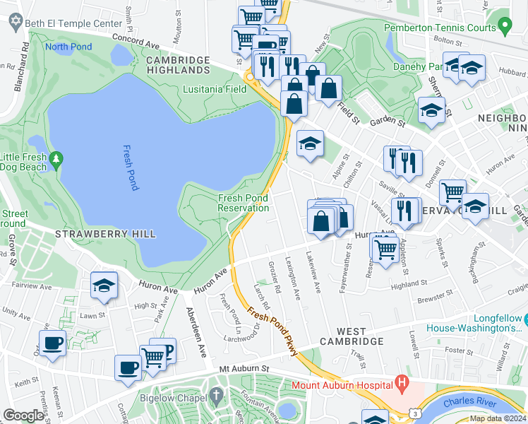 map of restaurants, bars, coffee shops, grocery stores, and more near 238 Lexington Avenue in Cambridge