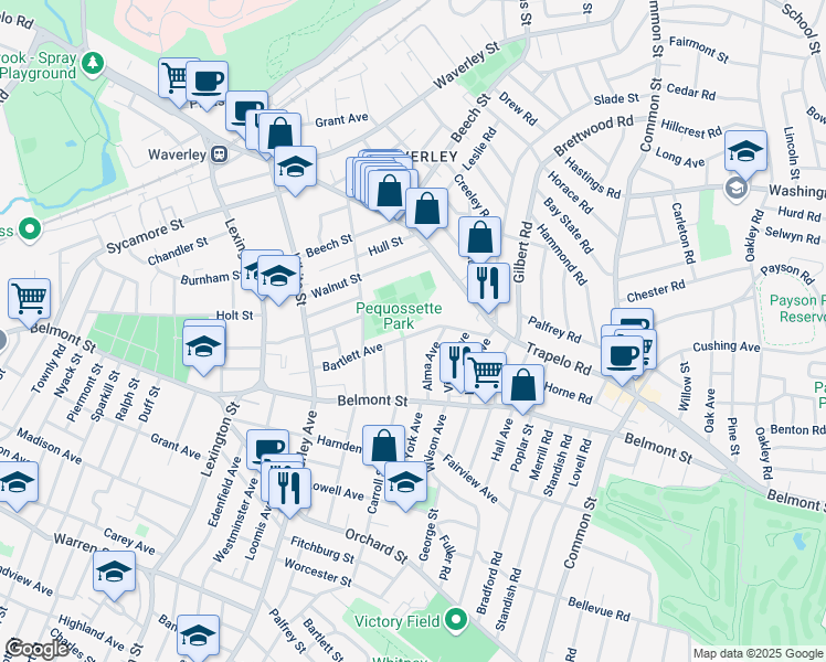 map of restaurants, bars, coffee shops, grocery stores, and more near 81 Bartlett Avenue in Belmont