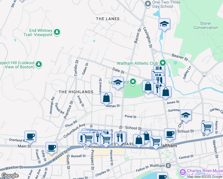 map of restaurants, bars, coffee shops, grocery stores, and more near 23 Caughey Street in Waltham
