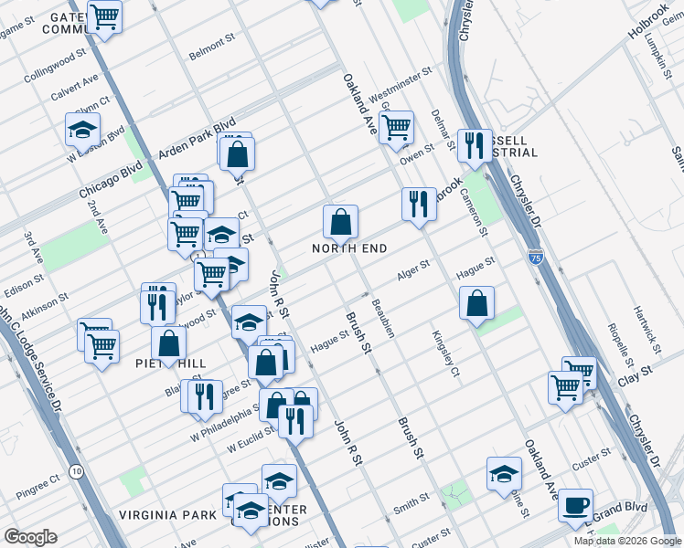 map of restaurants, bars, coffee shops, grocery stores, and more near 455 King Street in Detroit