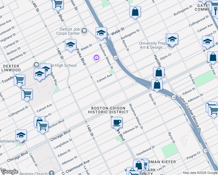 map of restaurants, bars, coffee shops, grocery stores, and more near 1665 Glynn Court in Detroit