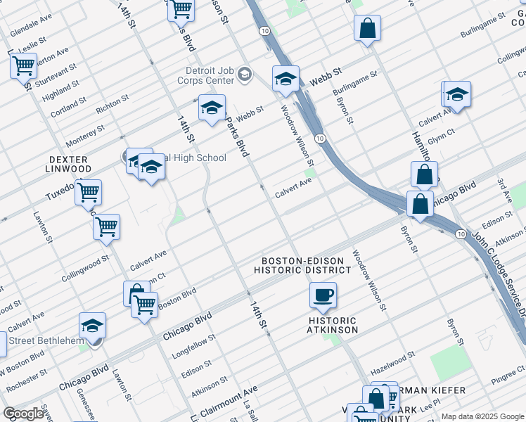 map of restaurants, bars, coffee shops, grocery stores, and more near 1931 Calvert Avenue in Detroit