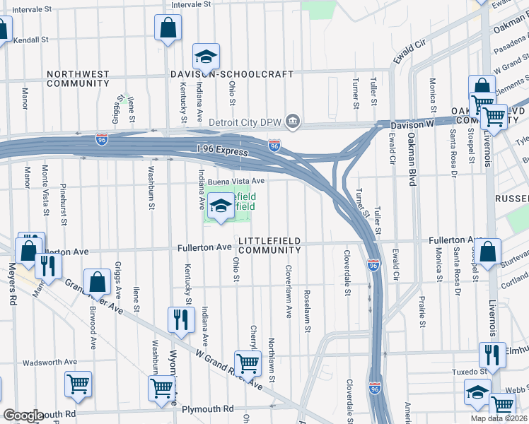 map of restaurants, bars, coffee shops, grocery stores, and more near 12708 Northlawn Street in Detroit