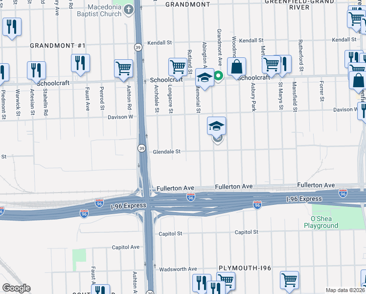 map of restaurants, bars, coffee shops, grocery stores, and more near 12825 Rutland Street in Detroit