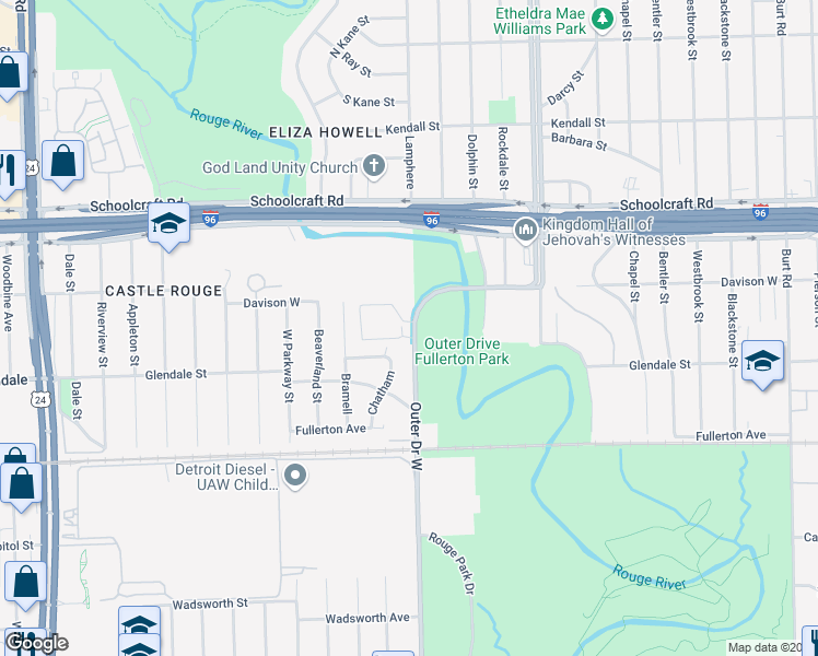 map of restaurants, bars, coffee shops, grocery stores, and more near 12870 Outer Drive West in Detroit