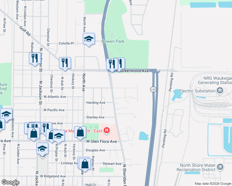 map of restaurants, bars, coffee shops, grocery stores, and more near 221 East Keith Avenue in Waukegan