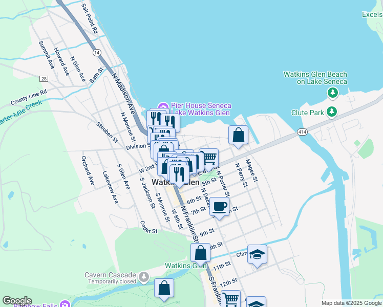 map of restaurants, bars, coffee shops, grocery stores, and more near 200 North Decatur Street in Watkins Glen
