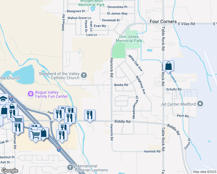 map of restaurants, bars, coffee shops, grocery stores, and more near 4511 Hamrick Road in Central Point