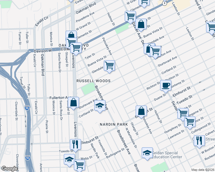 map of restaurants, bars, coffee shops, grocery stores, and more near 4341 Fullerton Avenue in Detroit