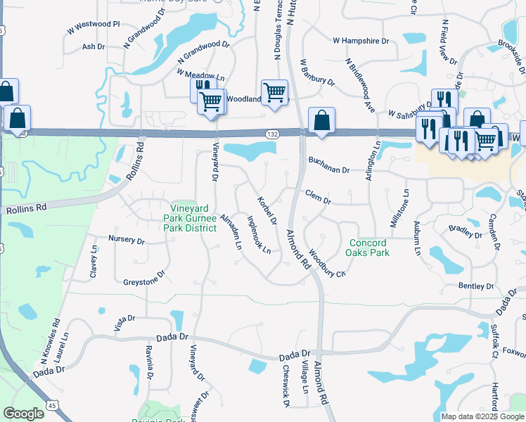map of restaurants, bars, coffee shops, grocery stores, and more near 7463 Korbel Drive in Gurnee