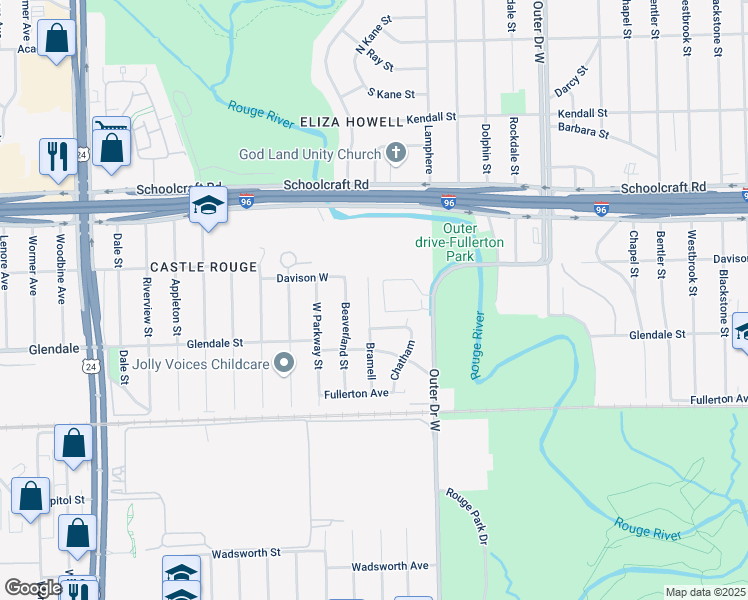 map of restaurants, bars, coffee shops, grocery stores, and more near 12908 Bramell in Detroit