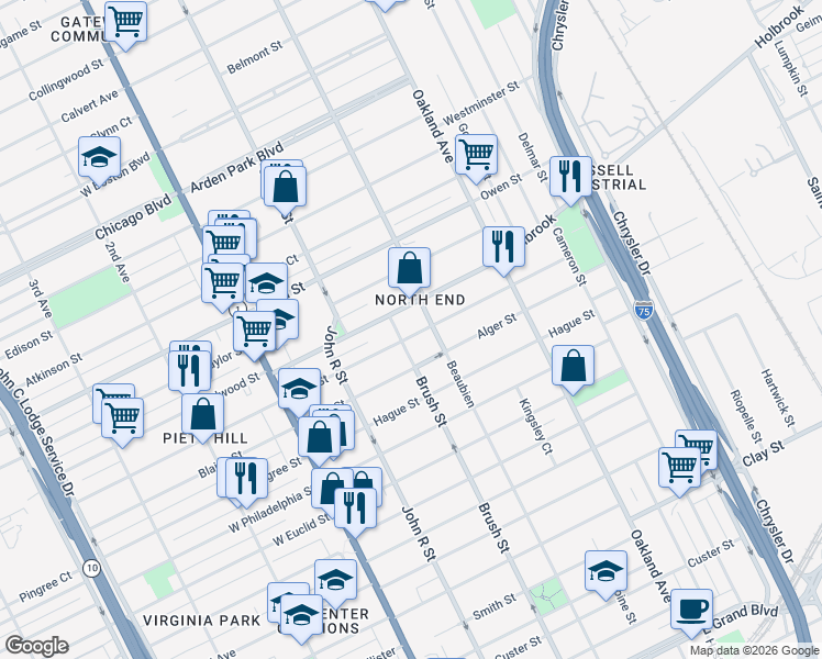 map of restaurants, bars, coffee shops, grocery stores, and more near 455 King Street in Detroit