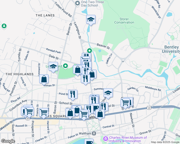 map of restaurants, bars, coffee shops, grocery stores, and more near 175 Lexington Street in Waltham