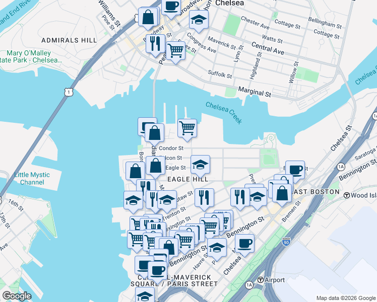 map of restaurants, bars, coffee shops, grocery stores, and more near 101-105 Condor Street in Boston