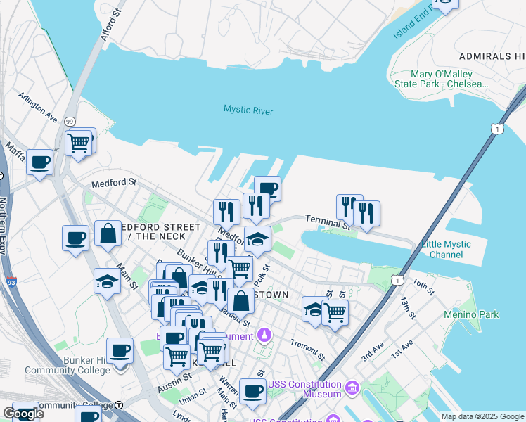 map of restaurants, bars, coffee shops, grocery stores, and more near 50 Terminal Street in Boston