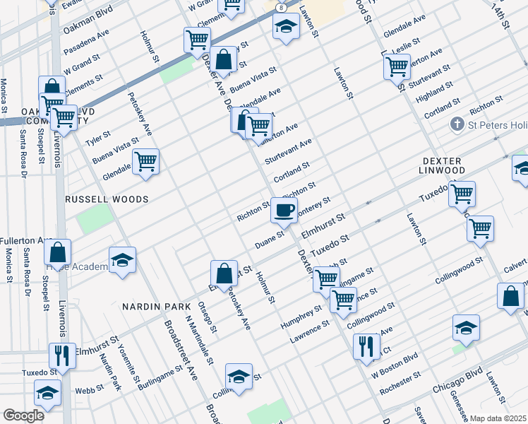 map of restaurants, bars, coffee shops, grocery stores, and more near 3747 Richton Street in Detroit