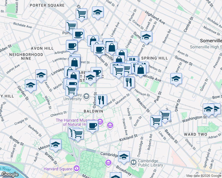 map of restaurants, bars, coffee shops, grocery stores, and more near 66 Sacramento Street in Cambridge