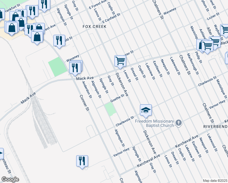 map of restaurants, bars, coffee shops, grocery stores, and more near 3453 Gray Street in Detroit