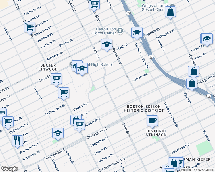 map of restaurants, bars, coffee shops, grocery stores, and more near 2071 Collingwood Street in Detroit