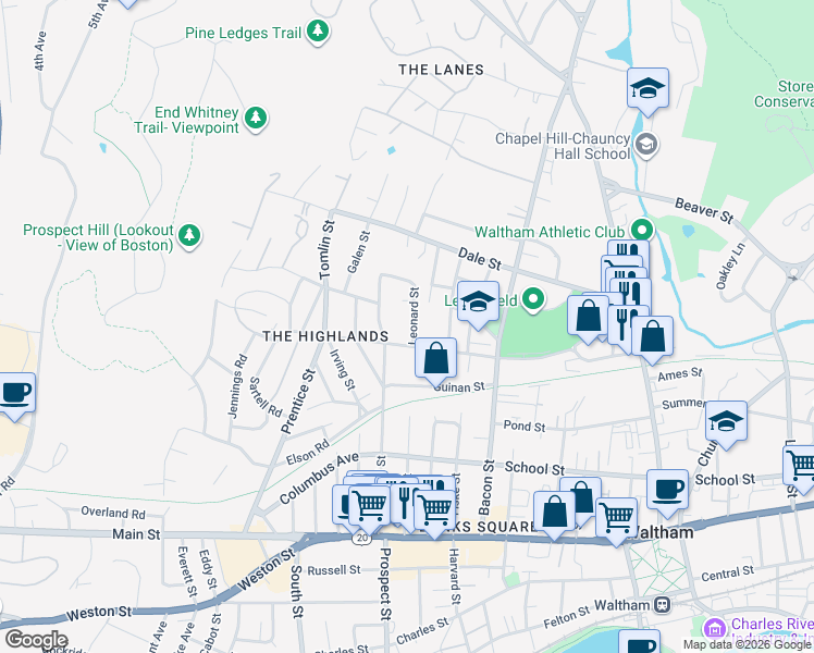 map of restaurants, bars, coffee shops, grocery stores, and more near 16 Leonard Street in Waltham