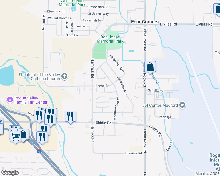 map of restaurants, bars, coffee shops, grocery stores, and more near 2628 Beebe Road in Central Point