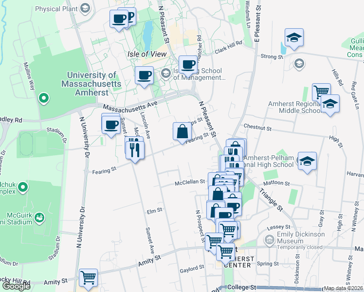 map of restaurants, bars, coffee shops, grocery stores, and more near 60 Fearing Street in Amherst